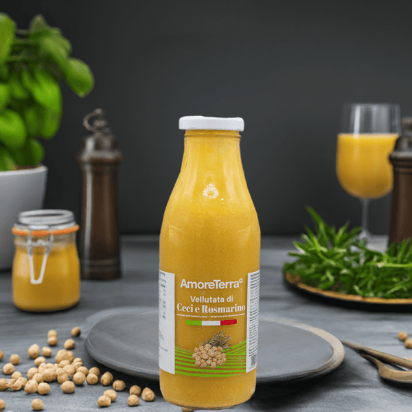 Atmosfera rustica e calda con bottiglia in primo piano, ceci e rosmarino a cornice. Una scena che trasmette artigianalità e comfort food.