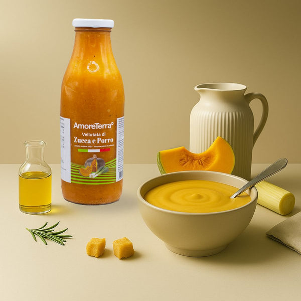 Zuppa cremosa impiattata con porzione calda, accompagnata da crostini di pane rustico su superficie in legno chiaro