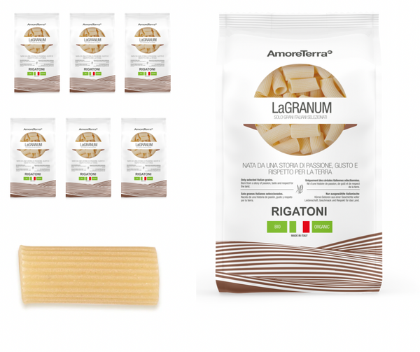 (Angebot) 6 Stk. Traditionelle Rigatoni "LaGranum" - handwerklich, BIO, 100% italienischer Weizen, langsam trocknend.